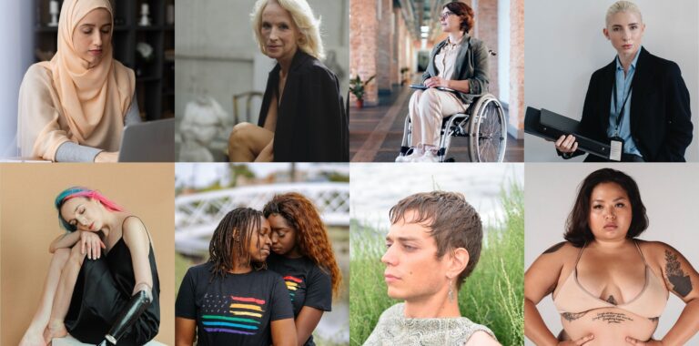 Verschiedene Frauentypen (mit Kopftuch, Älter, im Rollstuhl, sehr maskulin, mit Armpotese, lesbisches POC Paar, Transgender-Frau, dickere Frau)