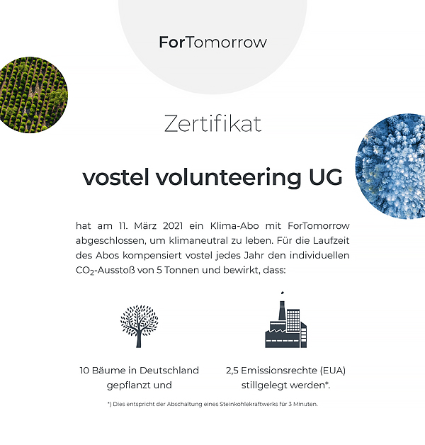 Zertifikat vostel volunteering UG über ein Klima-Abo mit ForTomorrow