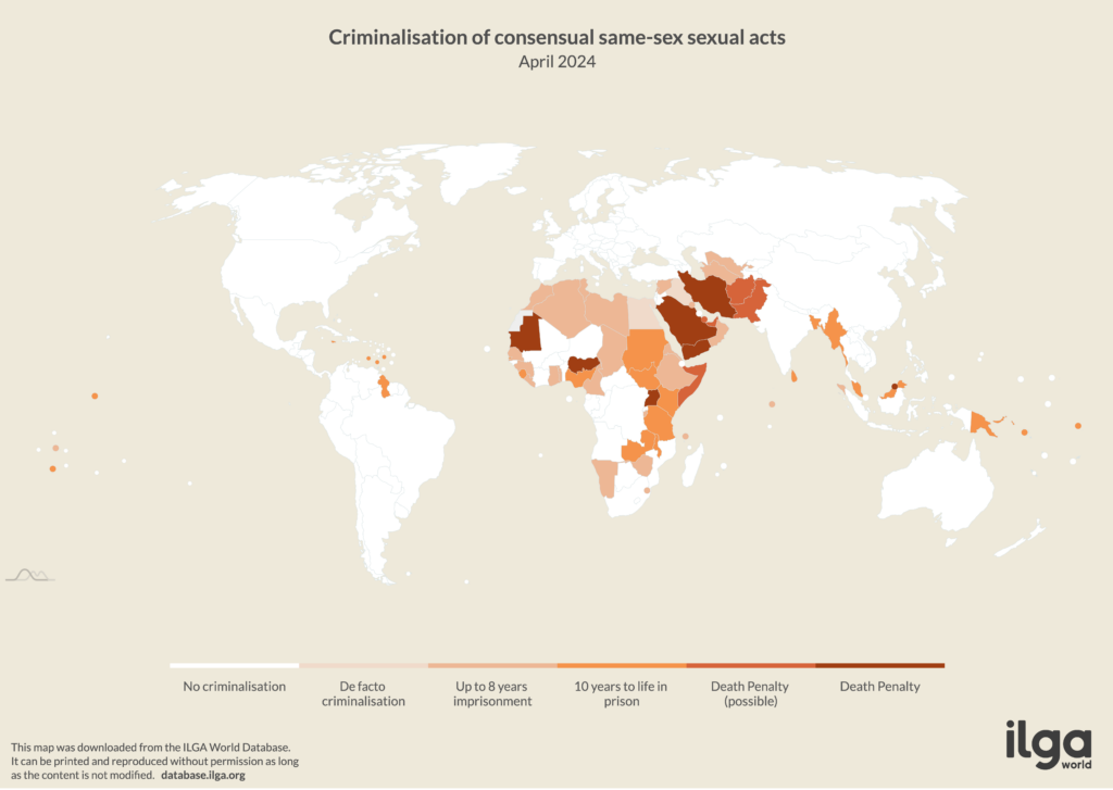 A world map showing where in the world consensual same-sex acts are criminalized.  