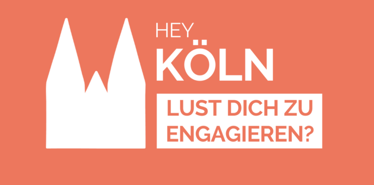 Umrisse des Kölner Doms mit Text: Hey Köln, Lust dich zu engagieren?