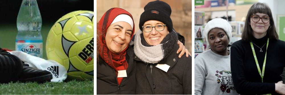 Drei Bilder für soziales Engagement in Nürnberg: Links: Fußball mit Sportkleidung und Wasserflashche
Mitte: Zwei Frauen, verschiedener Nationalitäten, lachen gemeinsam
Rechts: Zwei Personen in einem Oxfam Shop