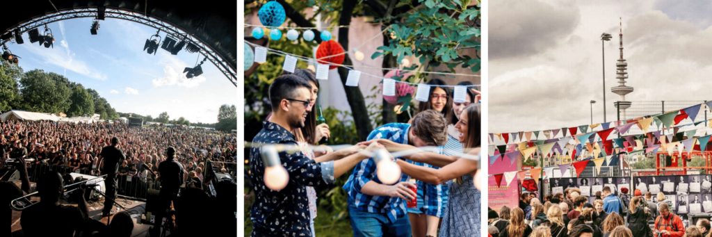 The picture showes you possibilities for your volunteering summer  with festivals:
1. the view from a festival stage to the audience 
2. a small party with different people and colorfully decorated garlands above their heads 
3. a big crowd at a festival area 