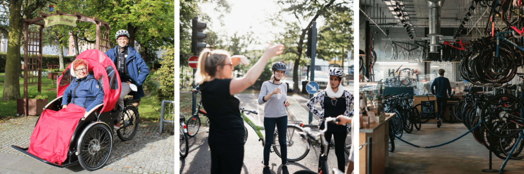 volunteering summer with your bike: 
1. one person is driven by another in a rickshaw 
2. women with and without migration history learn to ride a bike together 
3. a person walks through a bicycle repair garage 