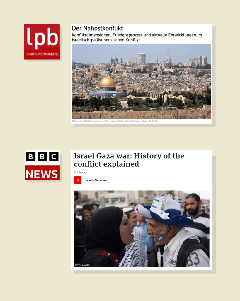 Titelbilder von Artikeln der Landeszentrale für Politische Bildung und der BBC zur Geschichte des Nahostkonfliktes