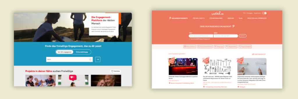 Das Bild zeigt Screenshots der beiden Engagementplattformen Aktion Mensch und vostel.de.
