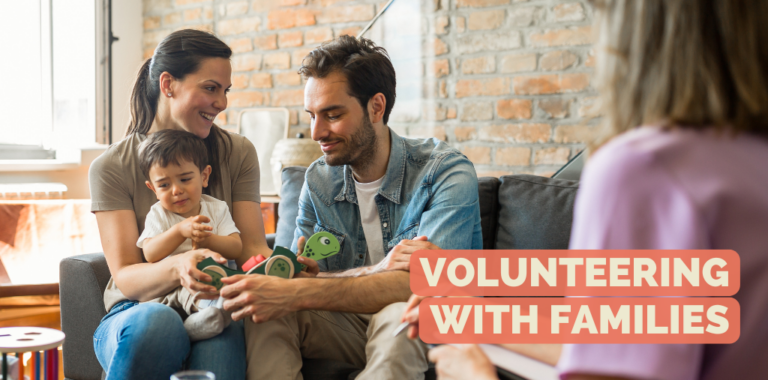 Cover picture: Volunteering with families - a man and a woman sit on the sofa with a baby, a volunteer sits next to them and supports the family