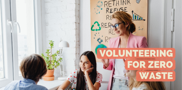 Volunteering for zero waste - A project group sits and brainstorms together in front of a designed poster with ideas for recycling.