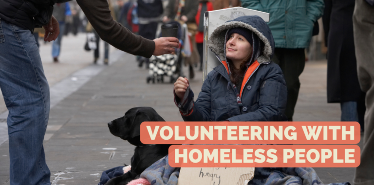 Cover picture: Volunteering with homeless people - A woman sits on the street with her dog and asks for food donations. A person brings her a hot drink.