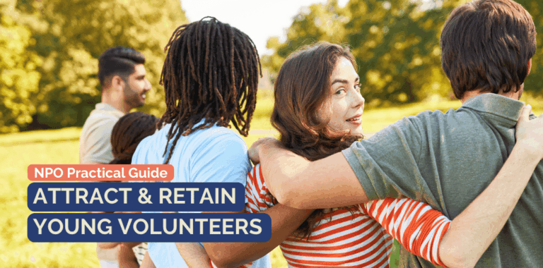 A group of young volunteers embrace each other. Above the picture is the text: ‘Attract & retain young volunteers - NPO tip’