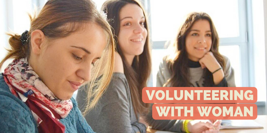 Volunteering with women: 3 women sitting in a room, presumably a learning course.