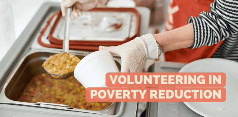 A person is ladling stew into a cup at a food serving counter